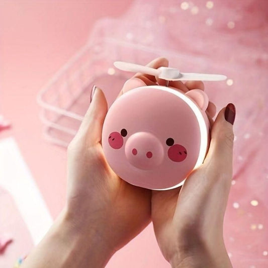 Cartoon Cute Pig Mirror Pocket Fan with LED Lights